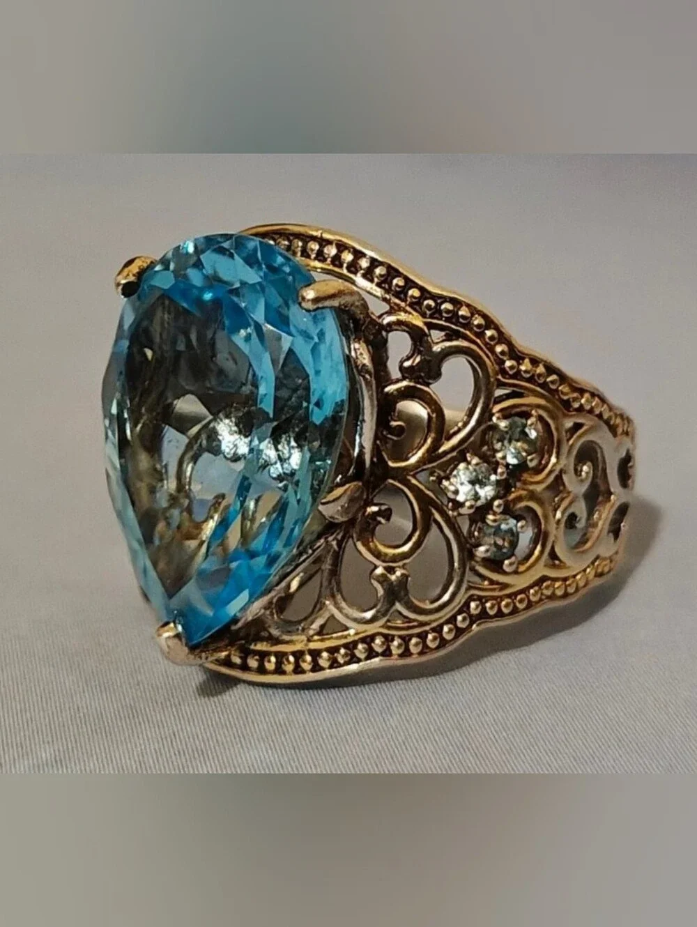 Art Deco Sterling Silver HUGE Teardrop Blue Topaz Filigree Statement Ring